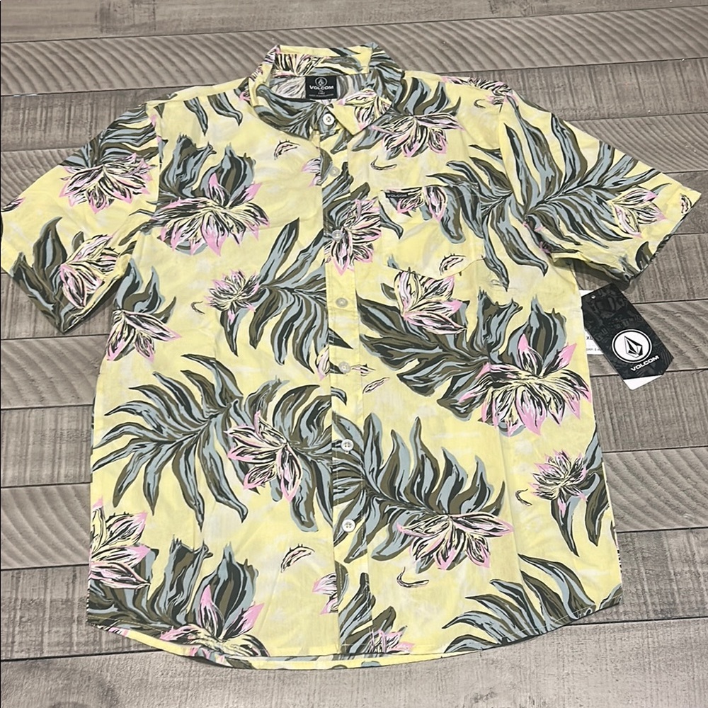 Volcom Yellow and Pink Button Down Shirt Tropical Style